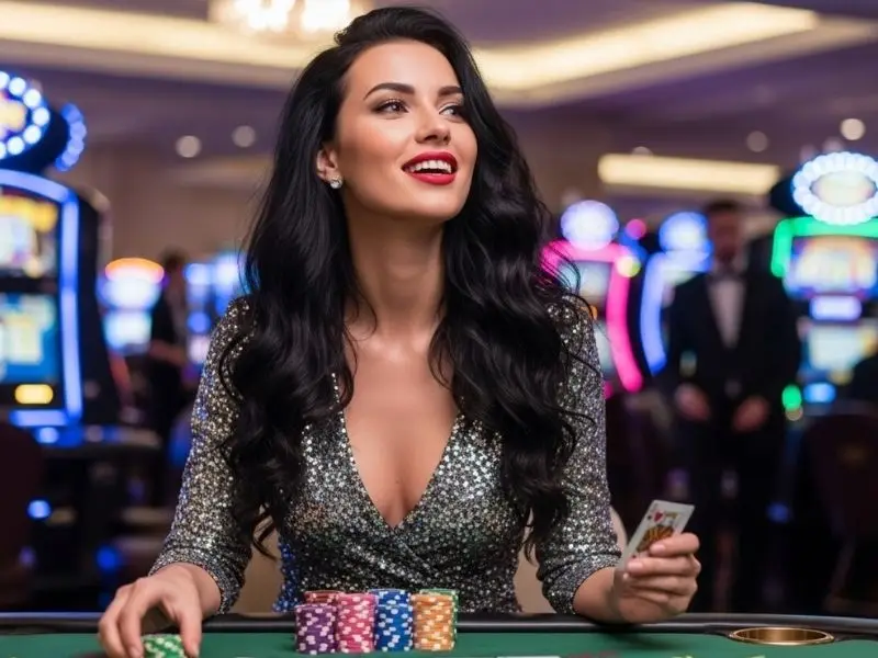 Woman laughing while playing poker inside a casino, enjoying the game on mnl777 login