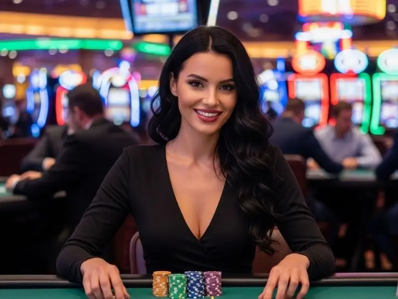 Happy woman celebrating her winnings with a stack of chips at a casino, showcasing the exciting ph365.com promotion.