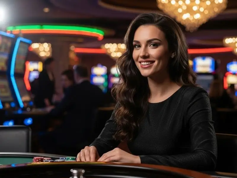 Lady smiling happily after a roulette win at a casino, celebrating her luck — ph365.com promotion