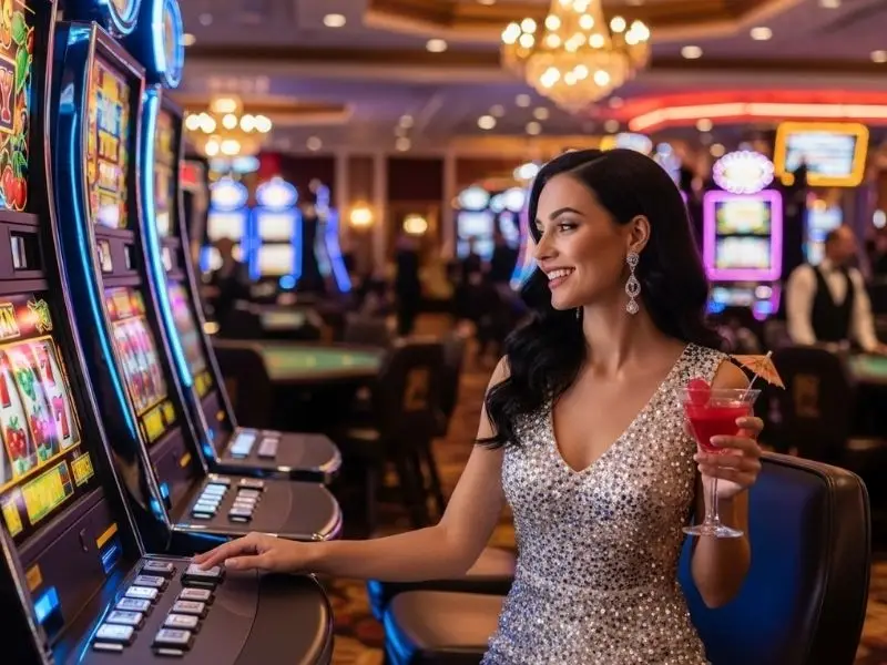 Woman enjoying a slots game at a casino, featuring the latest ph365.com promotion.