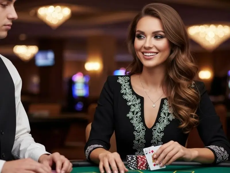 Woman grinning while playing poker inside a casino, enjoying the excitement of a ph365.com promotion