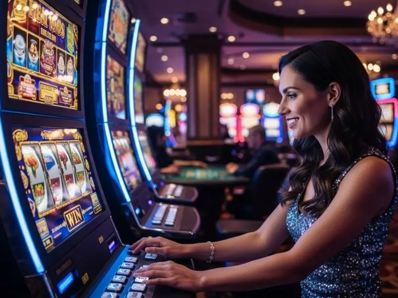 Lady playing slot games happily inside a casino, enjoying her wins – ssbet77 download available