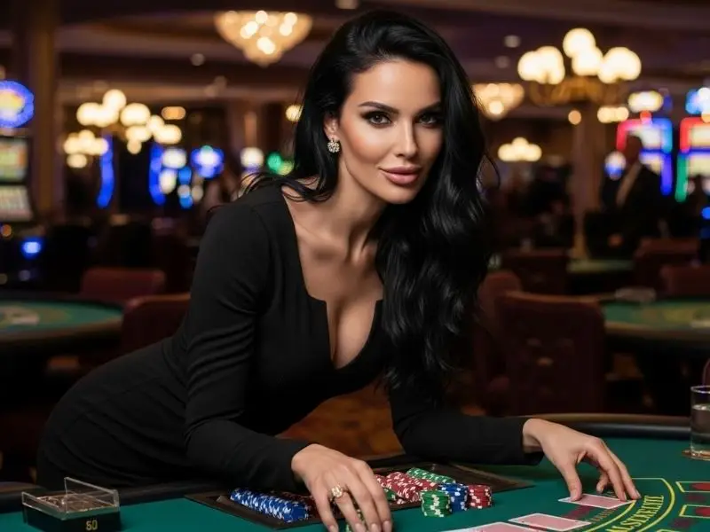 Lady smiling while playing blackjack in a casino, showcasing ssbet77 download experience
