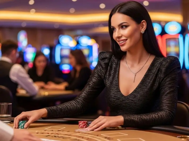 Lady smiling while placing bets on poker inside a casino – ssbet77 download