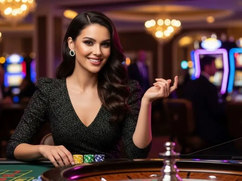 Lady smiling while playing roulette in a casino – ssbet77 download for a thrilling gaming experience