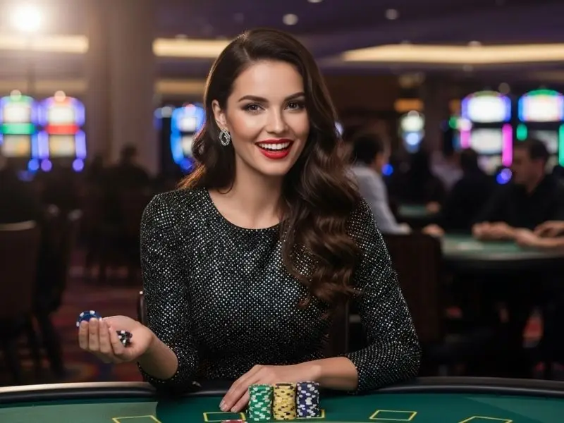 Lady enjoying a poker game at ubet95 casino, surrounded by lively casino tables and lights