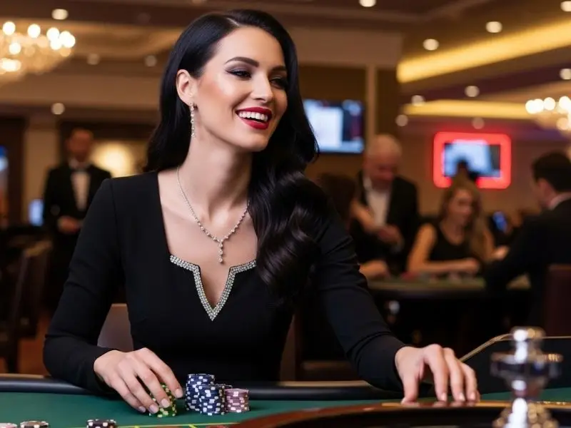 Lady happily playing roulette at a casino table inside Ubet95 casino