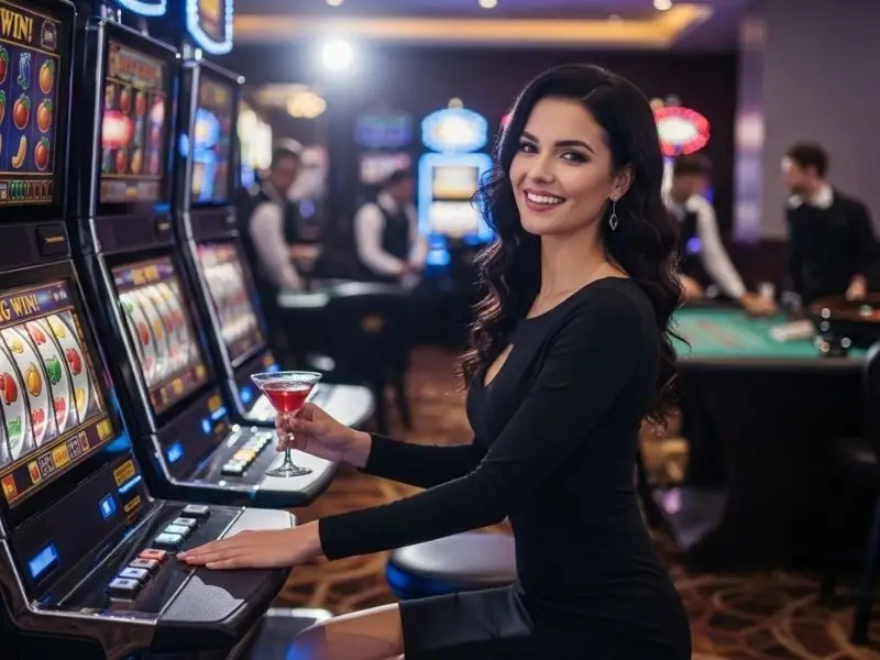 Lady happily playing slot games inside a casino at ubet95 casino