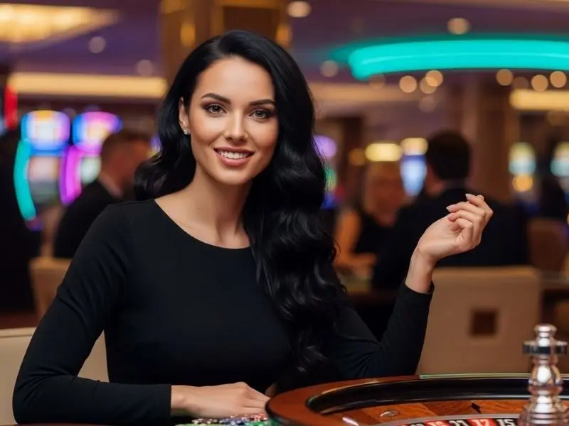 Lady smiling happily inside a casino with a roulette wheel, enjoying the excitement at ubet95 casino