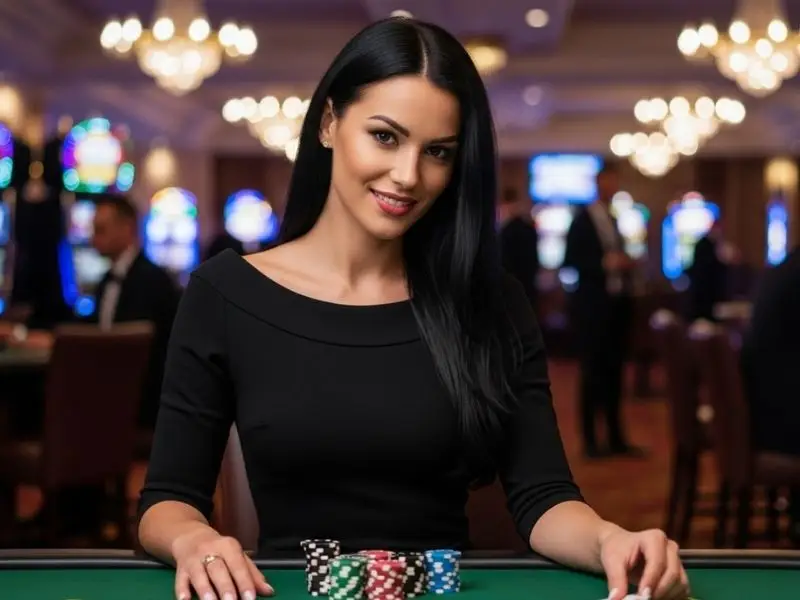 Happy woman celebrating a win with poker chips inside a casino using the Betso88 app