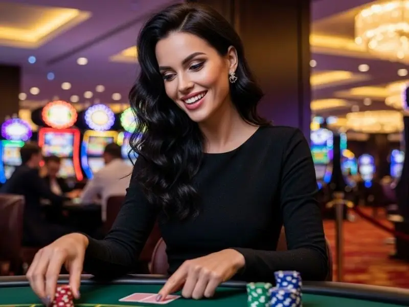 Lady smiling while playing poker on the Betso88 app in a casino setting