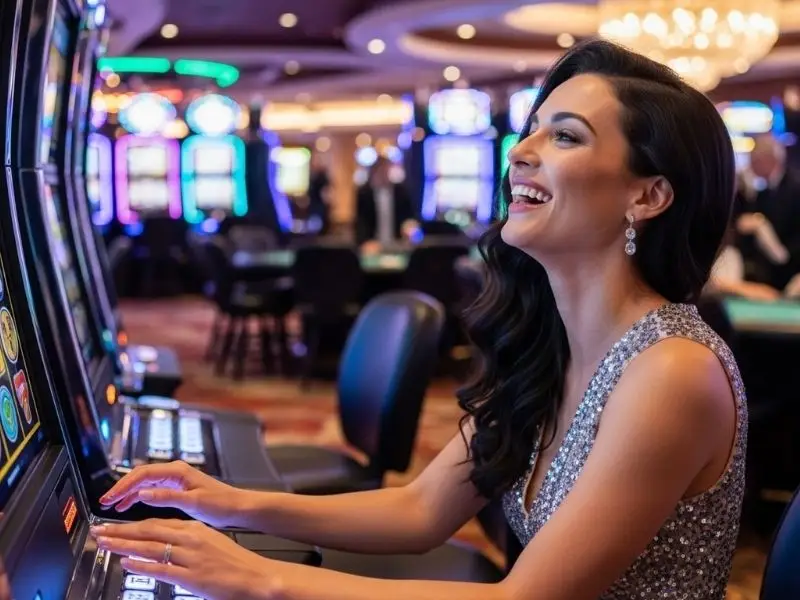 Woman laughing while playing slot machines in a casino using the Betso88 app