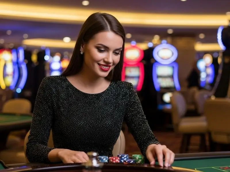 Woman smiling while placing bets on a roulette table using the Betso88 app inside a casino