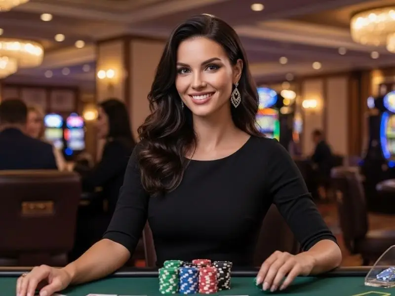 Smiling lady inside a casino holding a big stack of chips at peso63 login