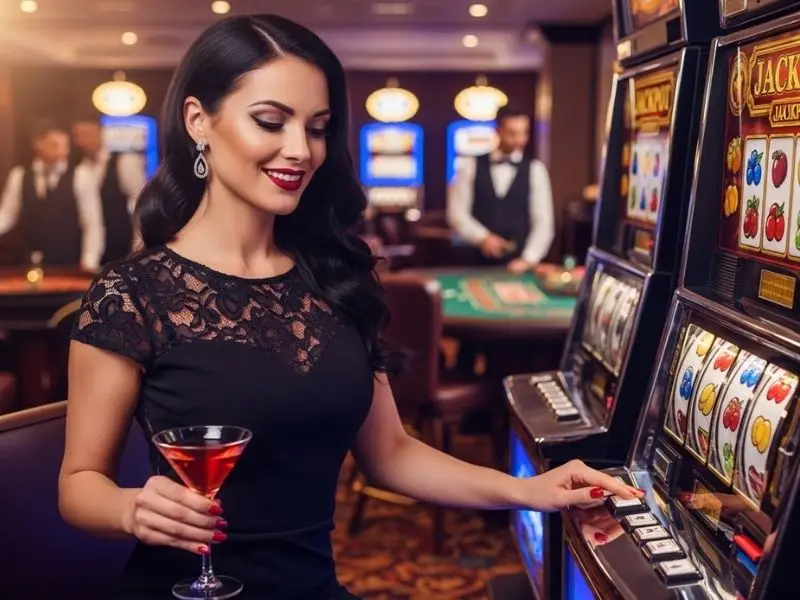 Peso63 login – Woman happily playing slot machines inside a vibrant casino