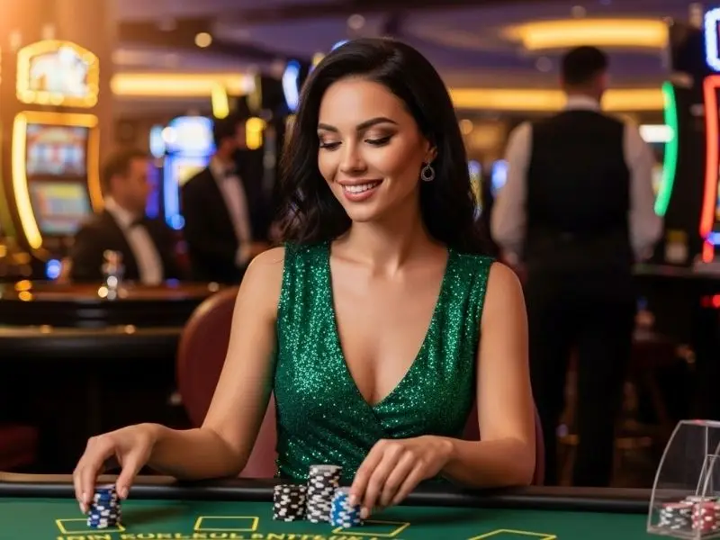 Woman smiling while placing bets on poker at a casino, peso63 login in progress