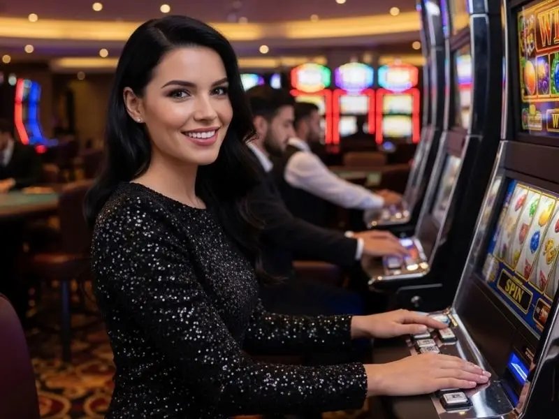 Woman enjoying a slots game in a casino with excitement, showcasing the ph777 registration bonus