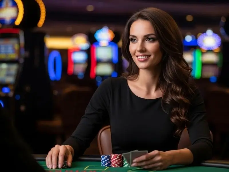 Woman happily placing a bet on poker table inside a casino, enjoying her ph777 registration bonus.
