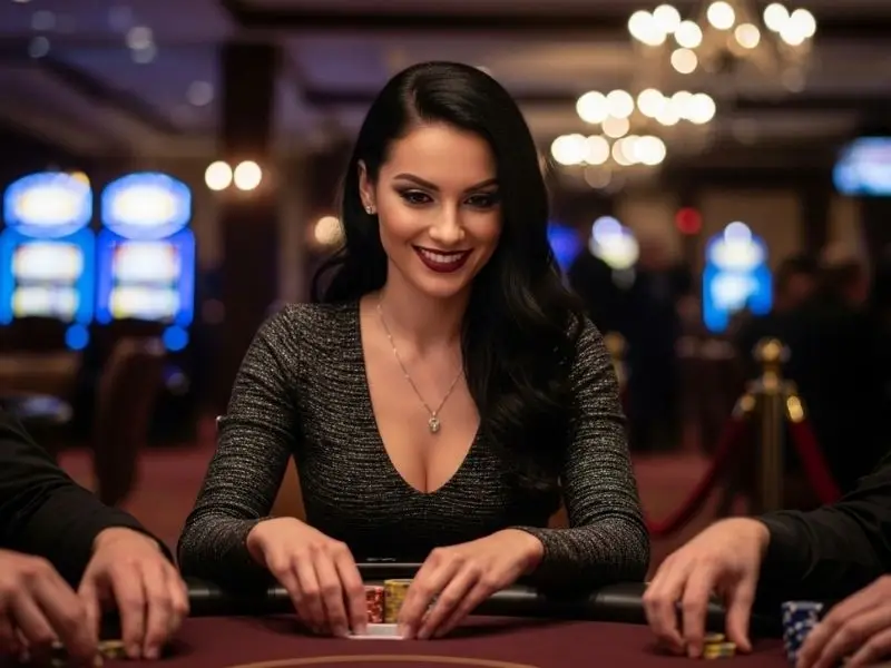 Woman happily playing poker in a casino, enjoying her ph777 registration bonus
