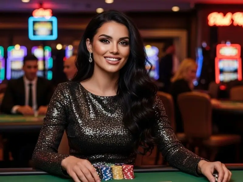 Pretty lady placing poker bets happily at a table inside a casino, phil168 online casino login experience