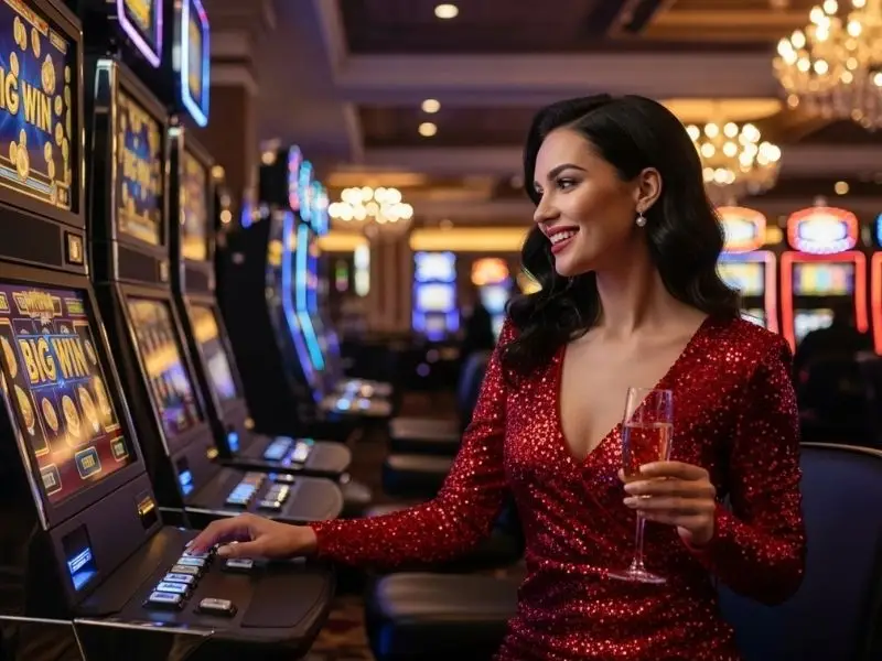 Woman laughing while playing slots machine at a casino, enjoying the thrill of Phil168 online casino login experience