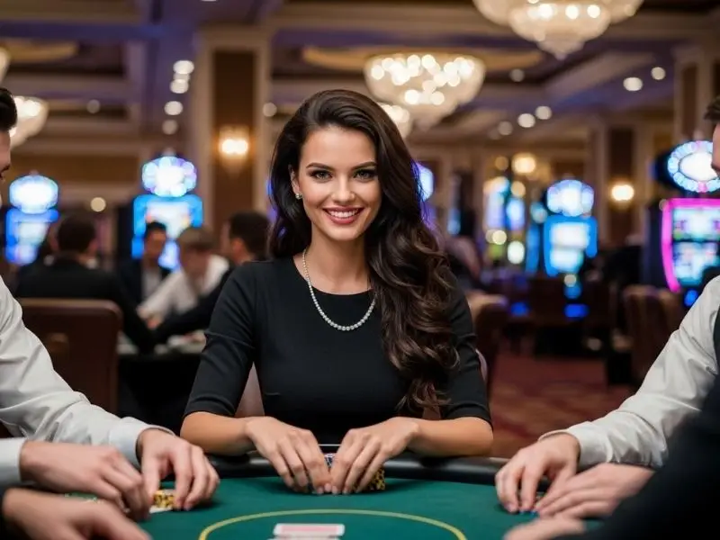 Woman enjoying poker games at a casino, representing Phil168 online casino login experience