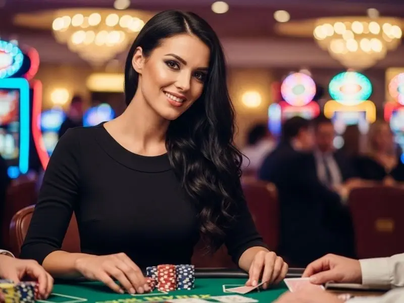 Woman smiling while playing poker at a casino table, enjoying her experience on phil168 online casino login
