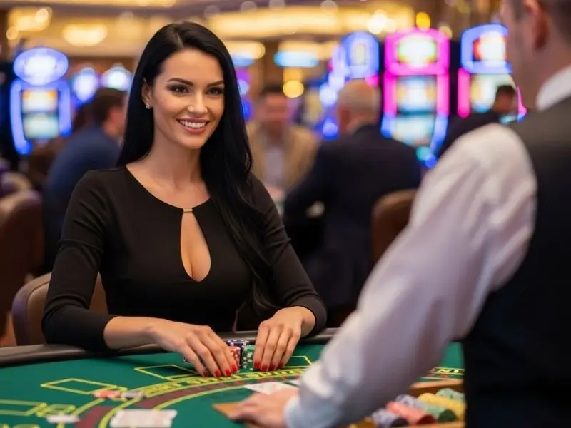 Slotph login: woman grinning while playing baccarat in a lively casino