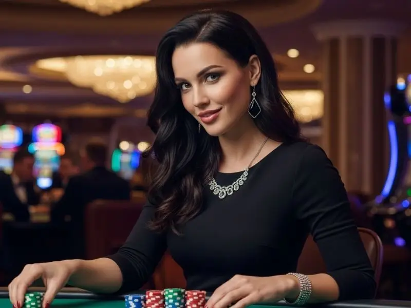 SlotPH login: Woman happily placing a bet on a baccarat table inside a casino