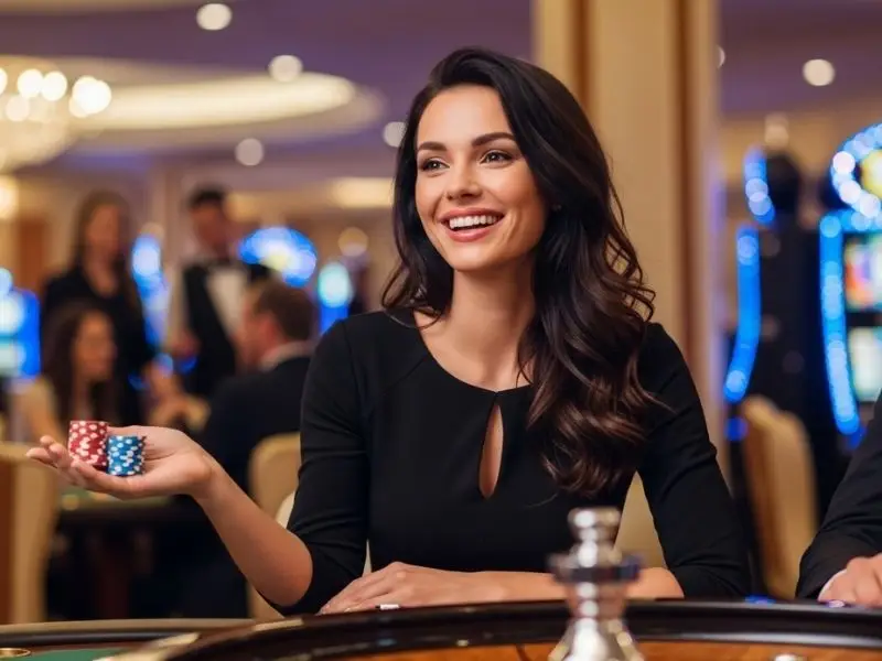 slotph login - woman happily playing roulette inside a casino