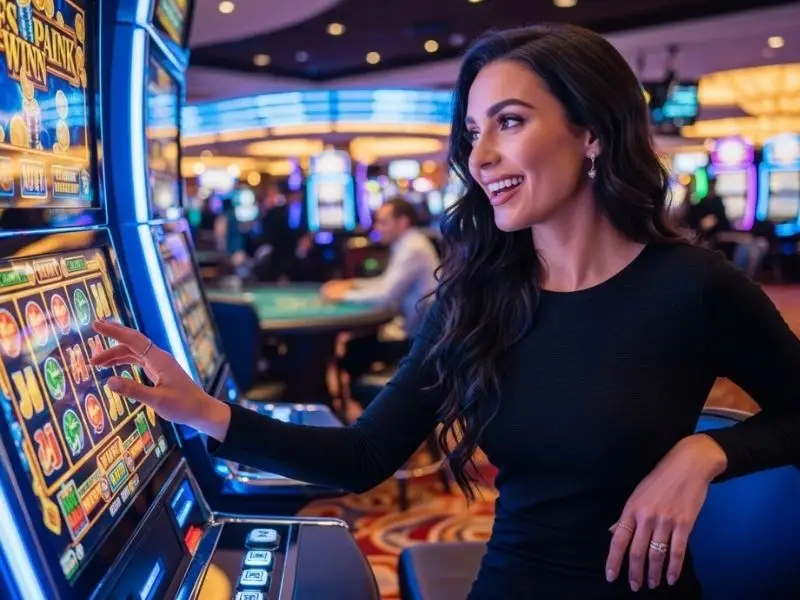 slotph login - woman smiling while playing slots game inside a casino