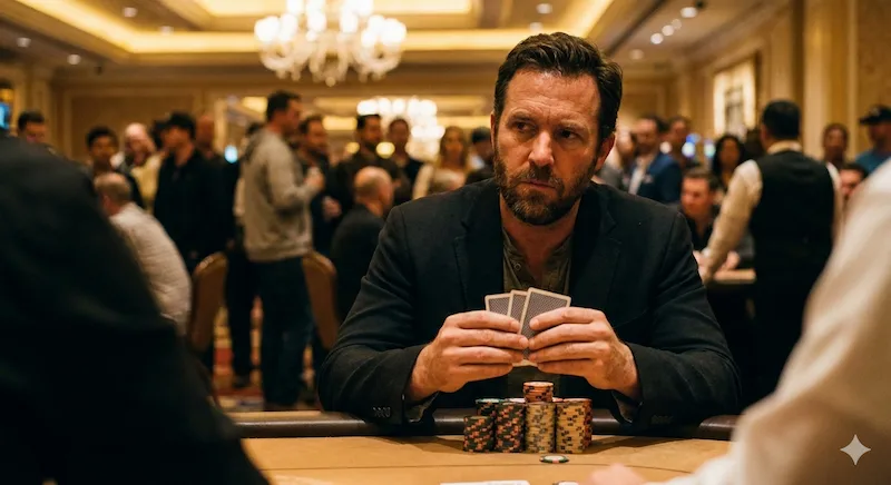 Intense poker enthusiast stacking chips while planning next move at PH777 Casino.