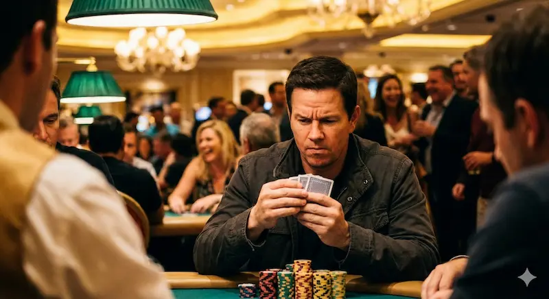 Serious casino player analyzing hand during a high-stakes poker game at PH777 Casino.