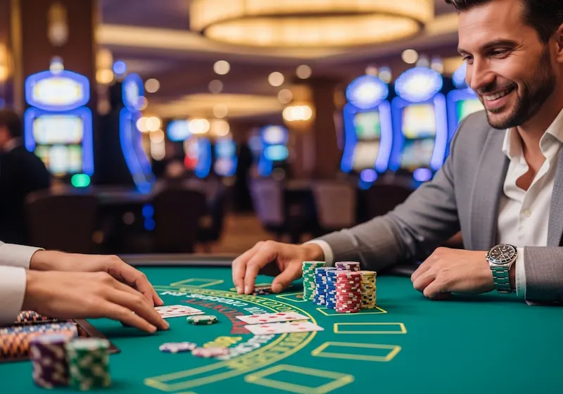 Happy and smiling poker player celebrating a winning hand at Jilibet Online Casino table.