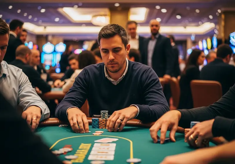 Focused poker player carefully planning strategy while playing at PH777 Casino poker table.