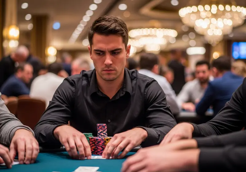 Concentrated gambler studying poker cards with serious expression at PH777 Casino.