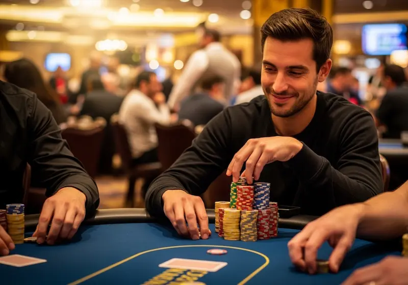 Happy poker player with a subtle winning smile holding chips at Jilipark Casino table.