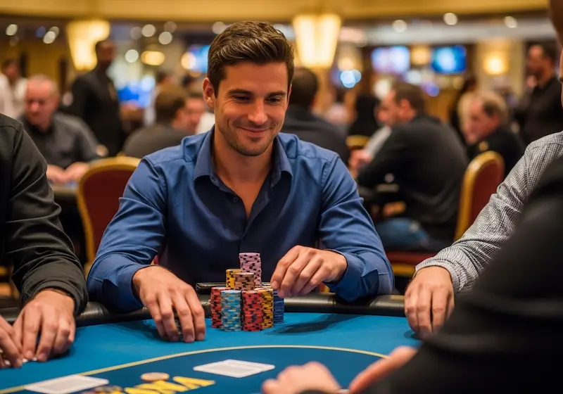 Satisfied poker player with subtle smile during a winning hand at Jilipark Casino.