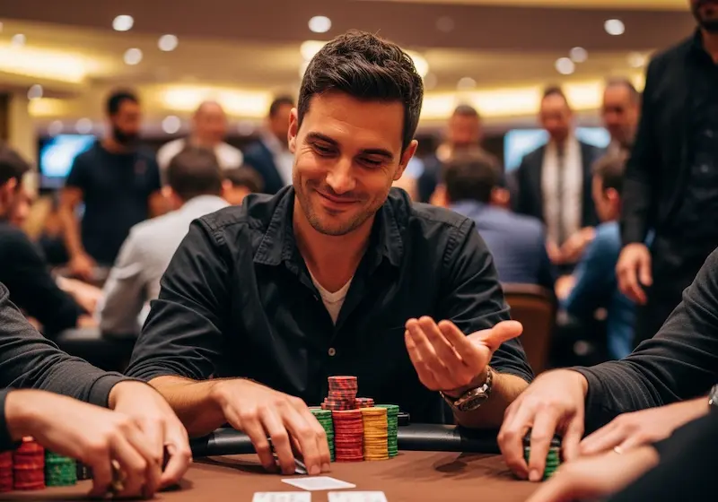 Subtly smiling casino guest stacking poker chips after a win at Free 100 Casino.