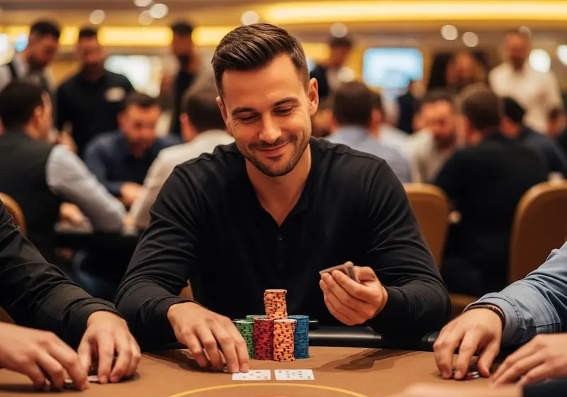 Happy poker player with a subtle winning smile holding chips at Free 100 Casino table.