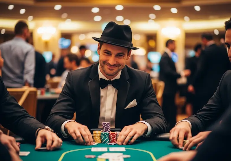 Happy casino poker player with subtle smile enjoying a winning round at Free 100 Casino.