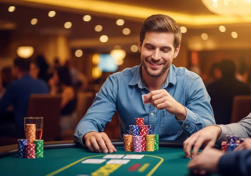 Winning poker player with calm smile placing chips forward at Free 100 Casino.