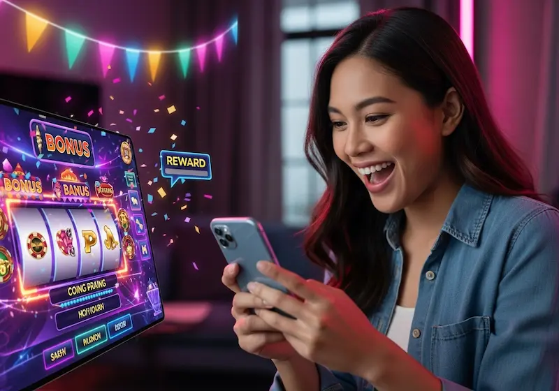 Joyful Filipino adult interacting with party-themed online slots on smartphone at majestic star casino, reward pop-up visible.