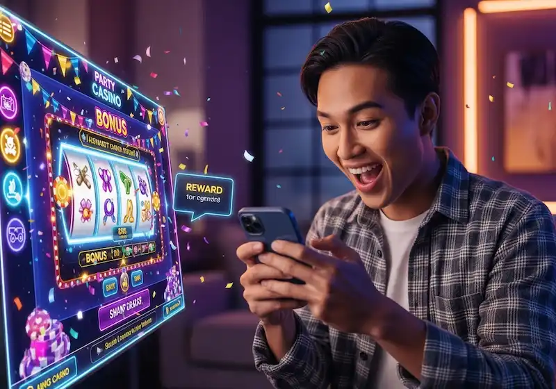 Filipino adult playing online casino on smartphone with colorful party-themed interface at majestic star casino, showing joyful expression and bonus icons.