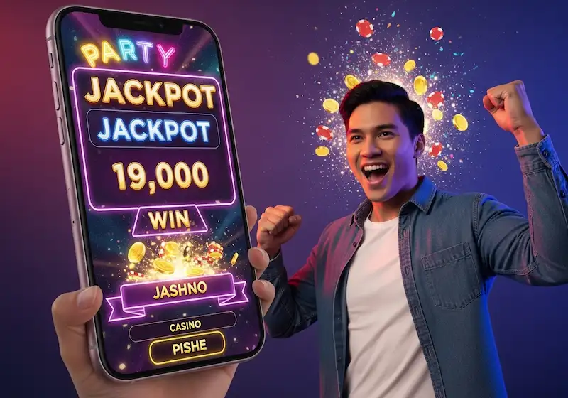Filipino adult celebrating jackpot win on smartphone with flashing win banner at majestic star casino, confetti and glowing coins around screen.