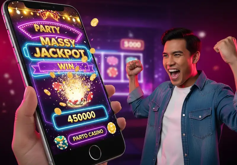 Excited Filipino adult holding smartphone displaying jackpot win at majestic star casino, neon lights, confetti, and casino chips bursting.