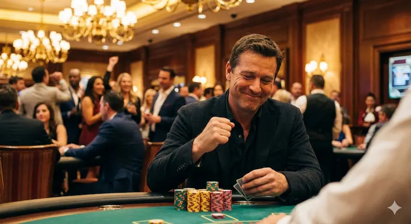 Winning poker player with a calm smile stacking chips at Jilipark Casino.
