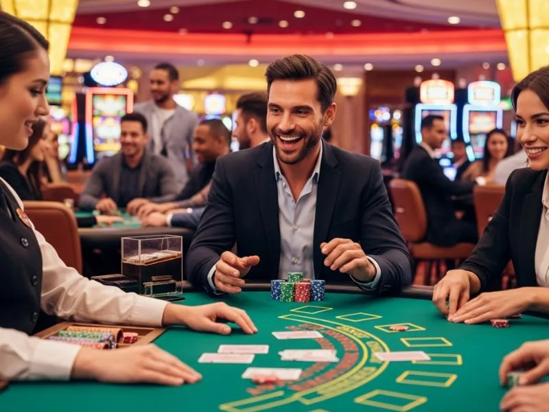 Confident player collecting chips from the dealer at 711 bet online casino, celebrating a winning hand