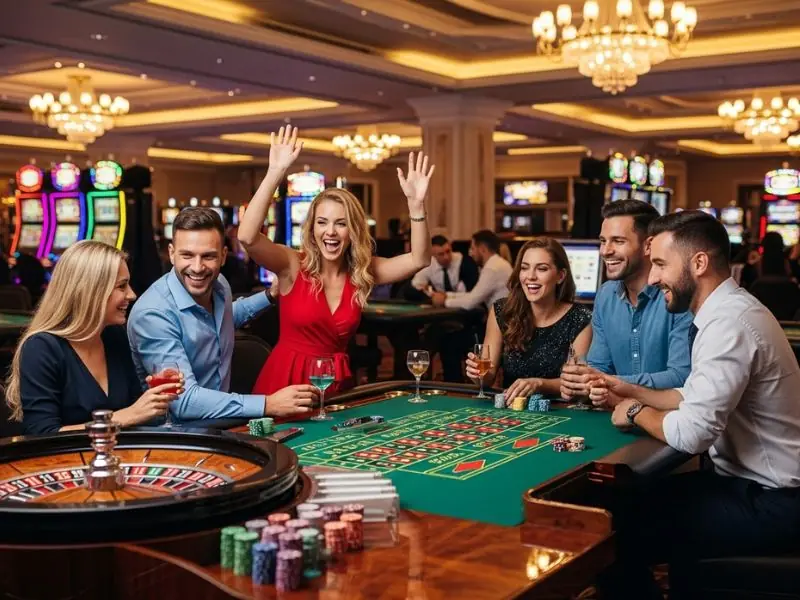 Friends cheering during an intense poker round at online casino games real money no deposit