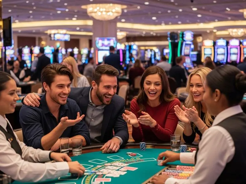 Group of friends enjoying live dealer games at online casino games real money no deposit
